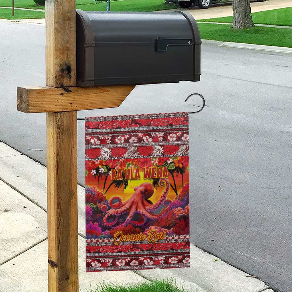 Hawaii KaʻUla Wena Octopus Garden Flag Oceanic Red with Corals and Tropical On Sunset Landscape