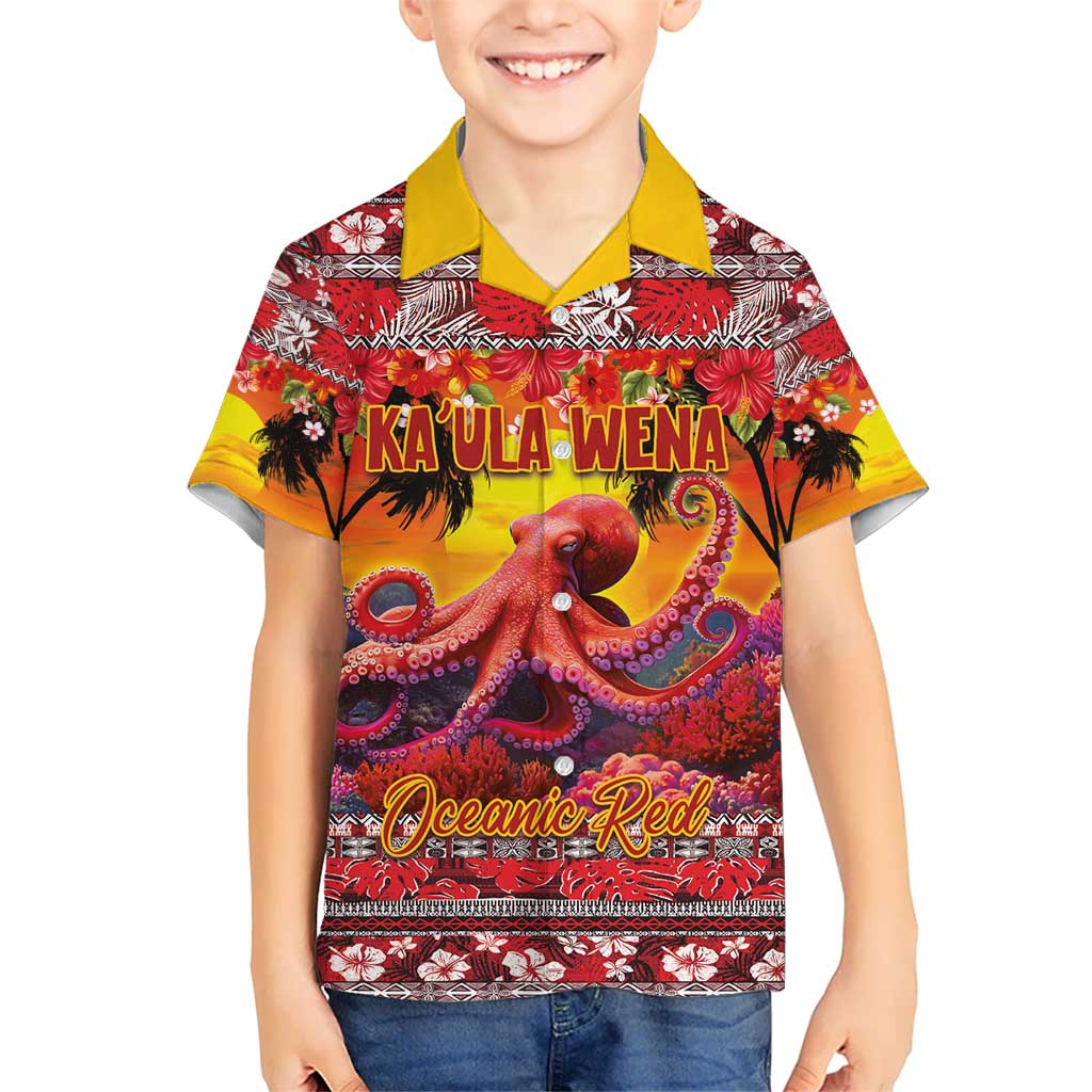 Hawaii KaʻUla Wena Octopus Kid Hawaiian Shirt Oceanic Red with Corals and Tropical On Sunset Landscape