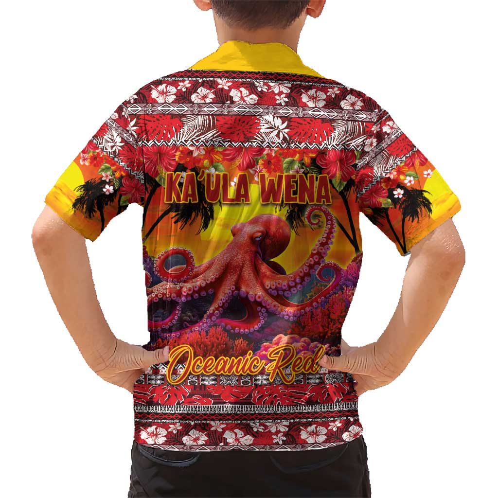 Hawaii KaʻUla Wena Octopus Kid Hawaiian Shirt Oceanic Red with Corals and Tropical On Sunset Landscape
