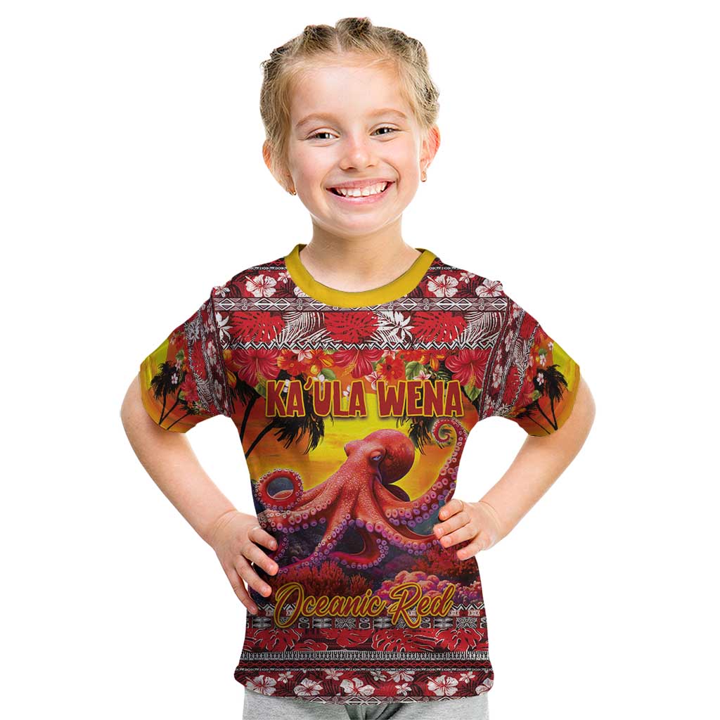 Hawaii KaʻUla Wena Octopus Kid T Shirt Oceanic Red with Corals and Tropical On Sunset Landscape