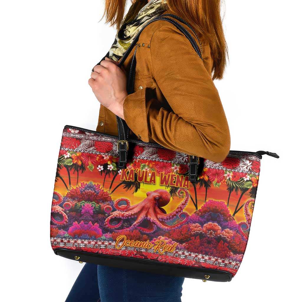 Hawaii KaʻUla Wena Octopus Leather Tote Bag Oceanic Red with Corals and Tropical On Sunset Landscape