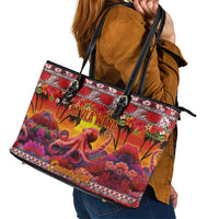 Hawaii KaʻUla Wena Octopus Leather Tote Bag Oceanic Red with Corals and Tropical On Sunset Landscape