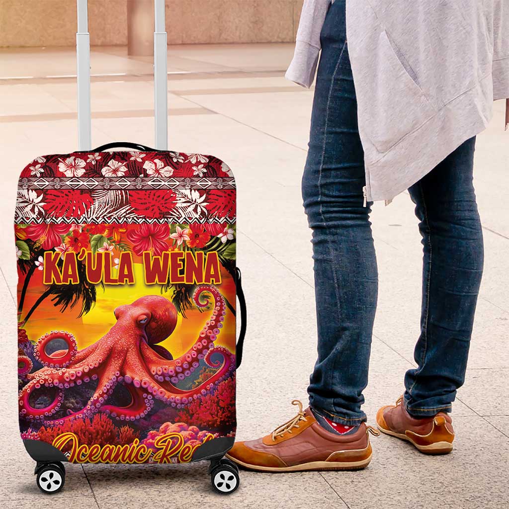 Hawaii KaʻUla Wena Octopus Luggage Cover Oceanic Red with Corals and Tropical On Sunset Landscape