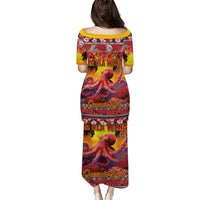 Hawaii KaʻUla Wena Octopus Puletasi Oceanic Red with Corals and Tropical On Sunset Landscape