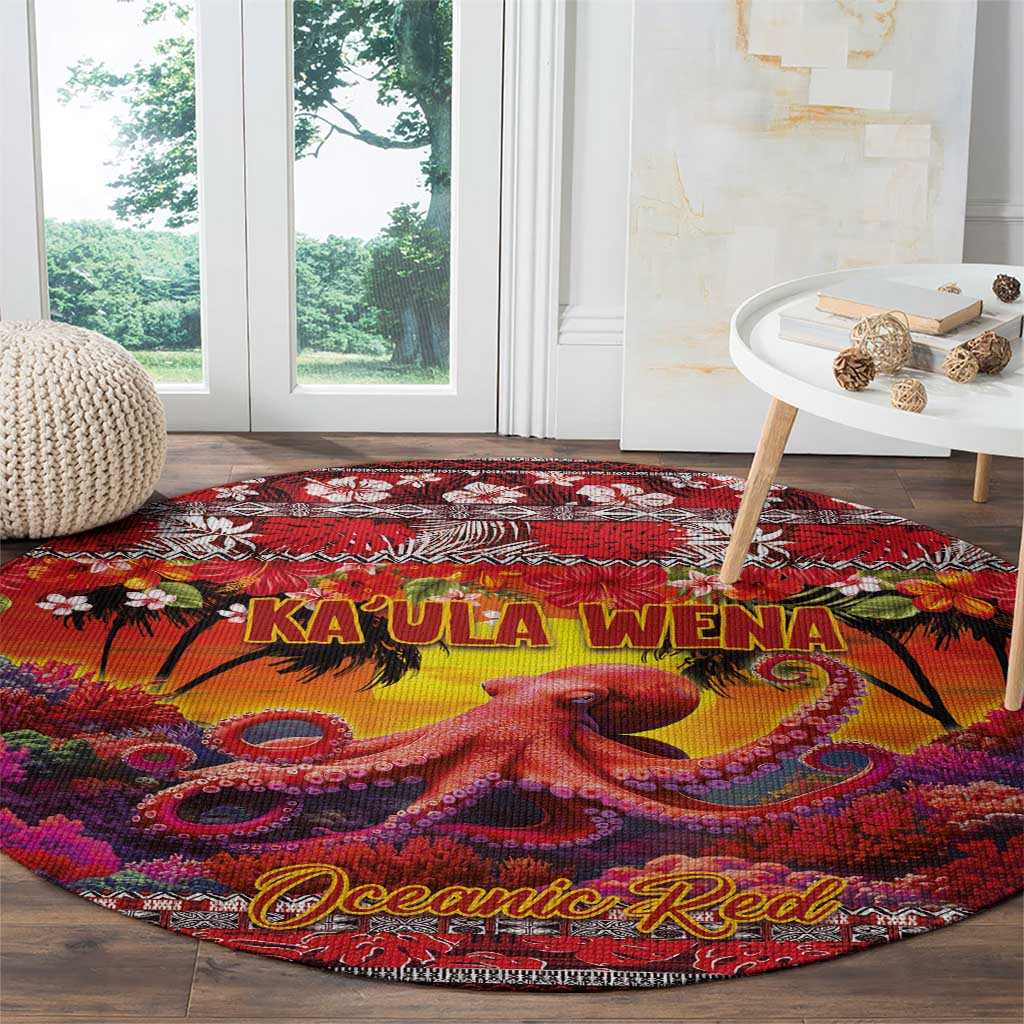 Hawaii KaʻUla Wena Octopus Round Carpet Oceanic Red with Corals and Tropical On Sunset Landscape
