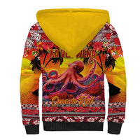 Hawaii KaʻUla Wena Octopus Sherpa Hoodie Oceanic Red with Corals and Tropical On Sunset Landscape