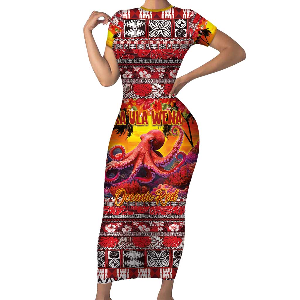 Hawaii KaʻUla Wena Octopus Short Sleeve Bodycon Dress Oceanic Red with Corals and Tropical On Sunset Landscape