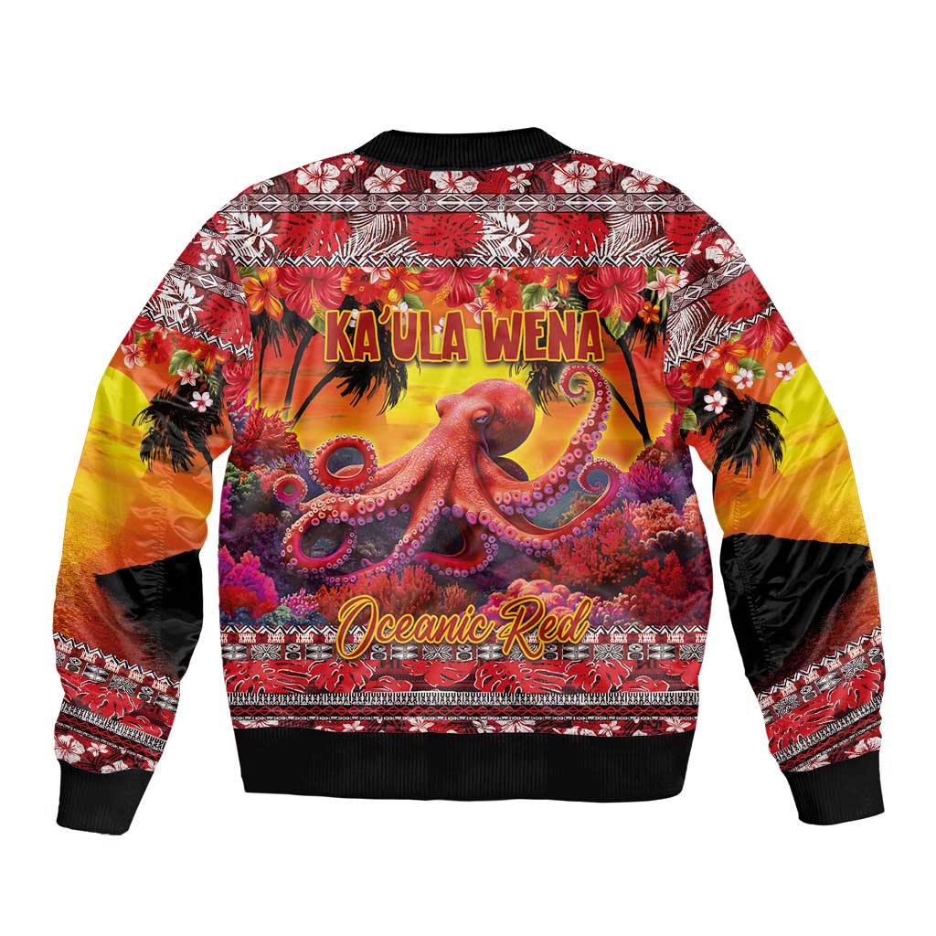 Hawaii KaʻUla Wena Octopus Sleeve Zip Bomber Jacket Oceanic Red with Corals and Tropical On Sunset Landscape