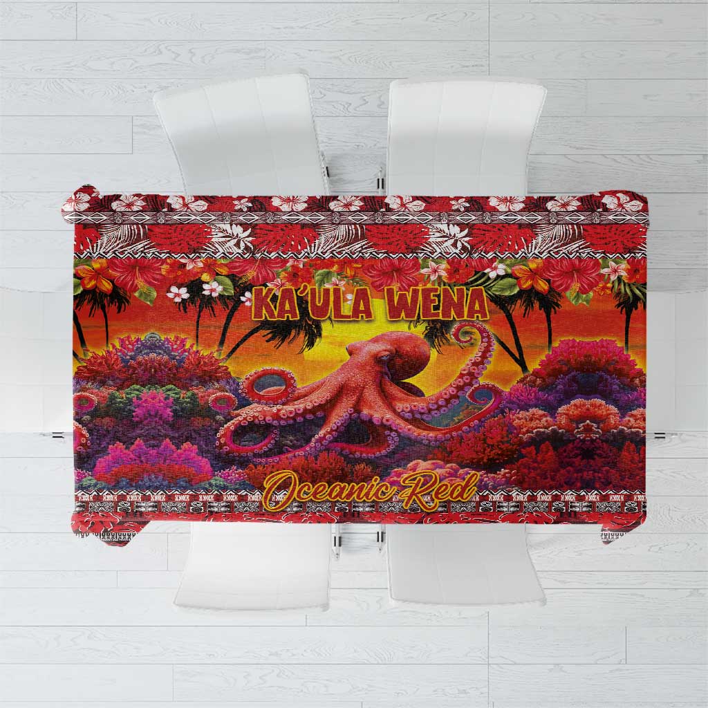 Hawaii KaʻUla Wena Octopus Tablecloth Oceanic Red with Corals and Tropical On Sunset Landscape