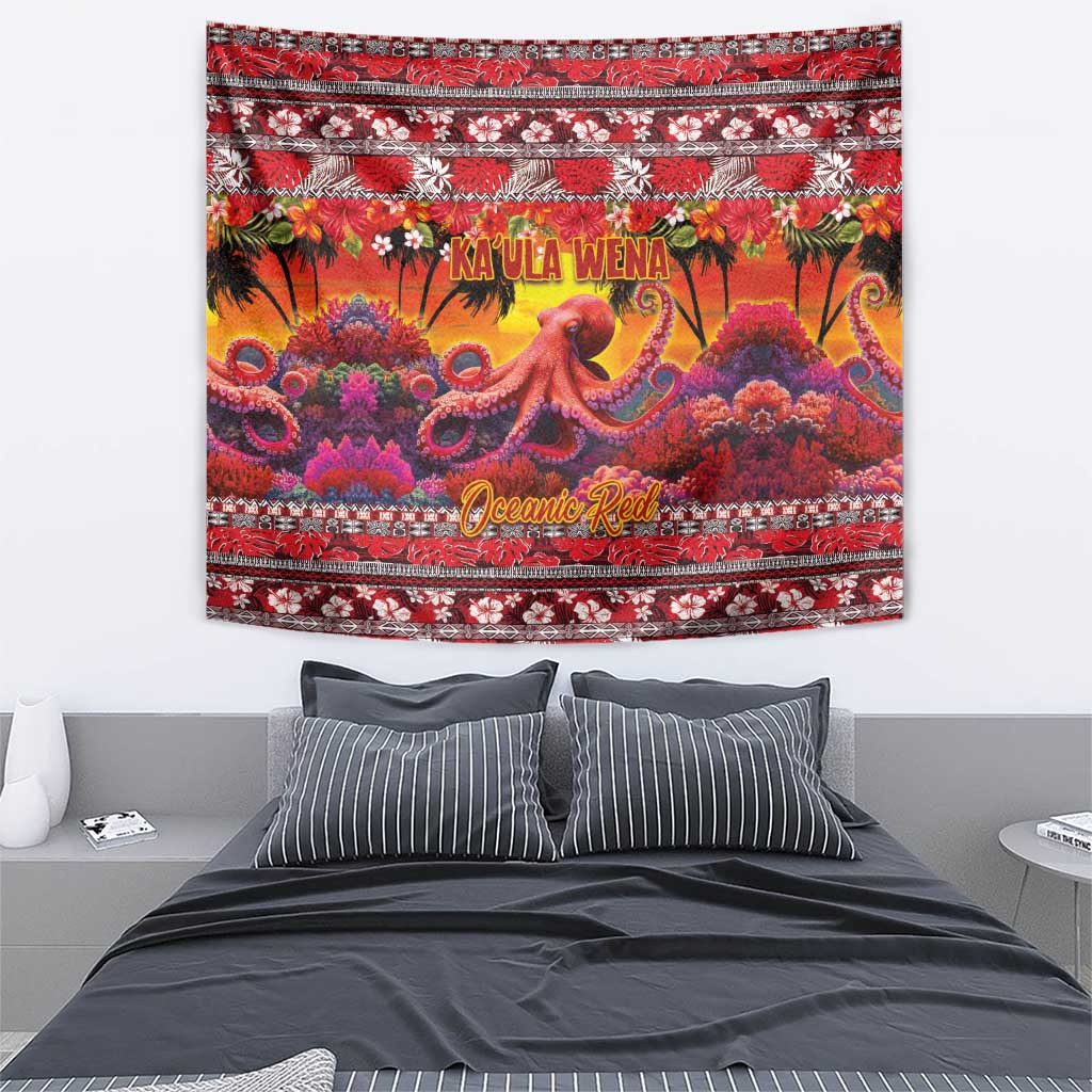 Hawaii KaʻUla Wena Octopus Tapestry Oceanic Red with Corals and Tropical On Sunset Landscape