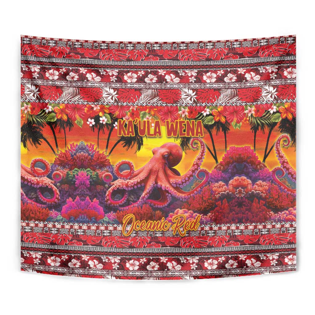 Hawaii KaʻUla Wena Octopus Tapestry Oceanic Red with Corals and Tropical On Sunset Landscape