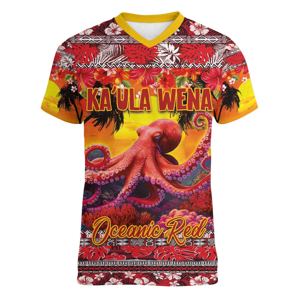 Hawaii KaʻUla Wena Octopus Women V-Neck T-Shirt Oceanic Red with Corals and Tropical On Sunset Landscape