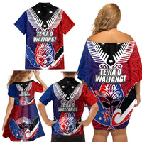 New Zealand Waitangi Family Matching Off Shoulder Short Dress and Hawaiian Shirt Kia Ora Maori Koruru Tiki Mask LT03 - Polynesian Pride