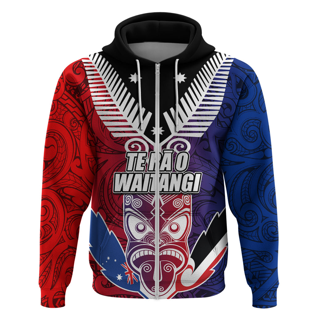 New Zealand Waitangi Hoodie Kia Ora Maori Koruru Tiki Mask LT03 Zip Hoodie Red - Polynesian Pride