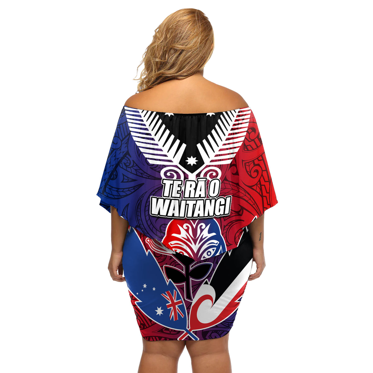 New Zealand Waitangi Off Shoulder Short Dress Kia Ora Maori Koruru Tiki Mask LT03 - Polynesian Pride