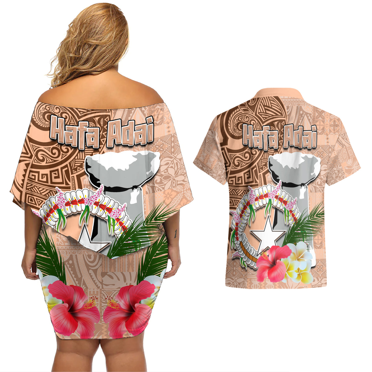 Northern Mariana Islands Hafa Adai Latte Stone Couples Matching Off Shoulder Short Dress and Hawaiian Shirt Peach Fuzz Color LT03 - Polynesian Pride