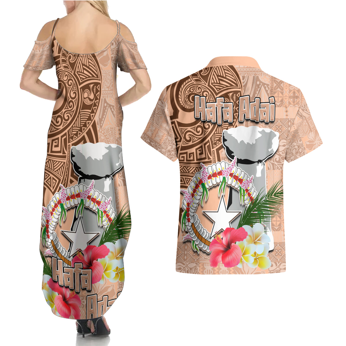 Northern Mariana Islands Hafa Adai Latte Stone Couples Matching Summer Maxi Dress and Hawaiian Shirt Peach Fuzz Color LT03 - Polynesian Pride