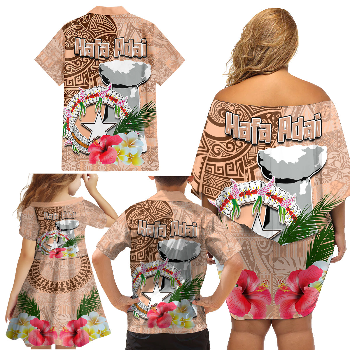 Northern Mariana Islands Hafa Adai Latte Stone Family Matching Off Shoulder Short Dress and Hawaiian Shirt Peach Fuzz Color LT03 - Polynesian Pride
