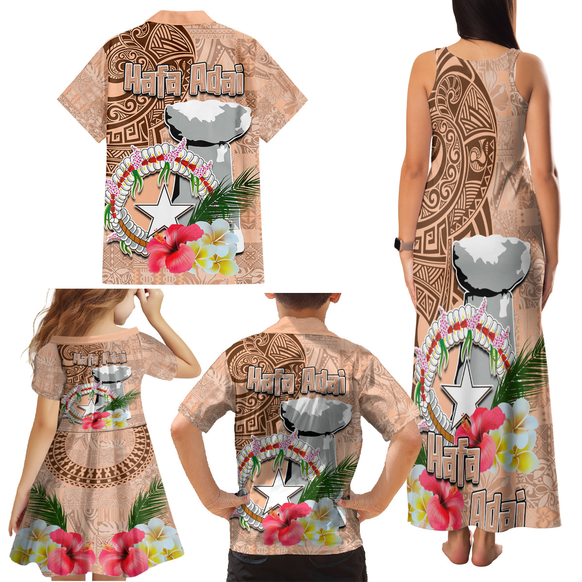 Northern Mariana Islands Hafa Adai Latte Stone Family Matching Tank Maxi Dress and Hawaiian Shirt Peach Fuzz Color LT03 - Polynesian Pride