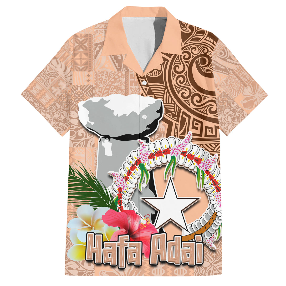 Northern Mariana Islands Hafa Adai Latte Stone Family Matching Tank Maxi Dress and Hawaiian Shirt Peach Fuzz Color LT03 Dad's Shirt - Short Sleeve Peach Fuzz Color - Polynesian Pride