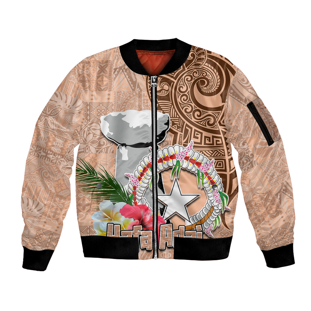 Northern Mariana Islands Hafa Adai Latte Stone Sleeve Zip Bomber Jacket Peach Fuzz Color LT03 Unisex Peach Fuzz Color - Polynesian Pride