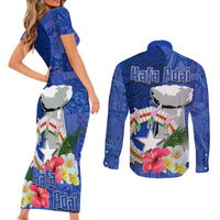 Northern Mariana Islands Hafa Adai Latte Stone Couples Matching Short Sleeve Bodycon Dress and Long Sleeve Button Shirt Blue Color LT03 - Polynesian Pride