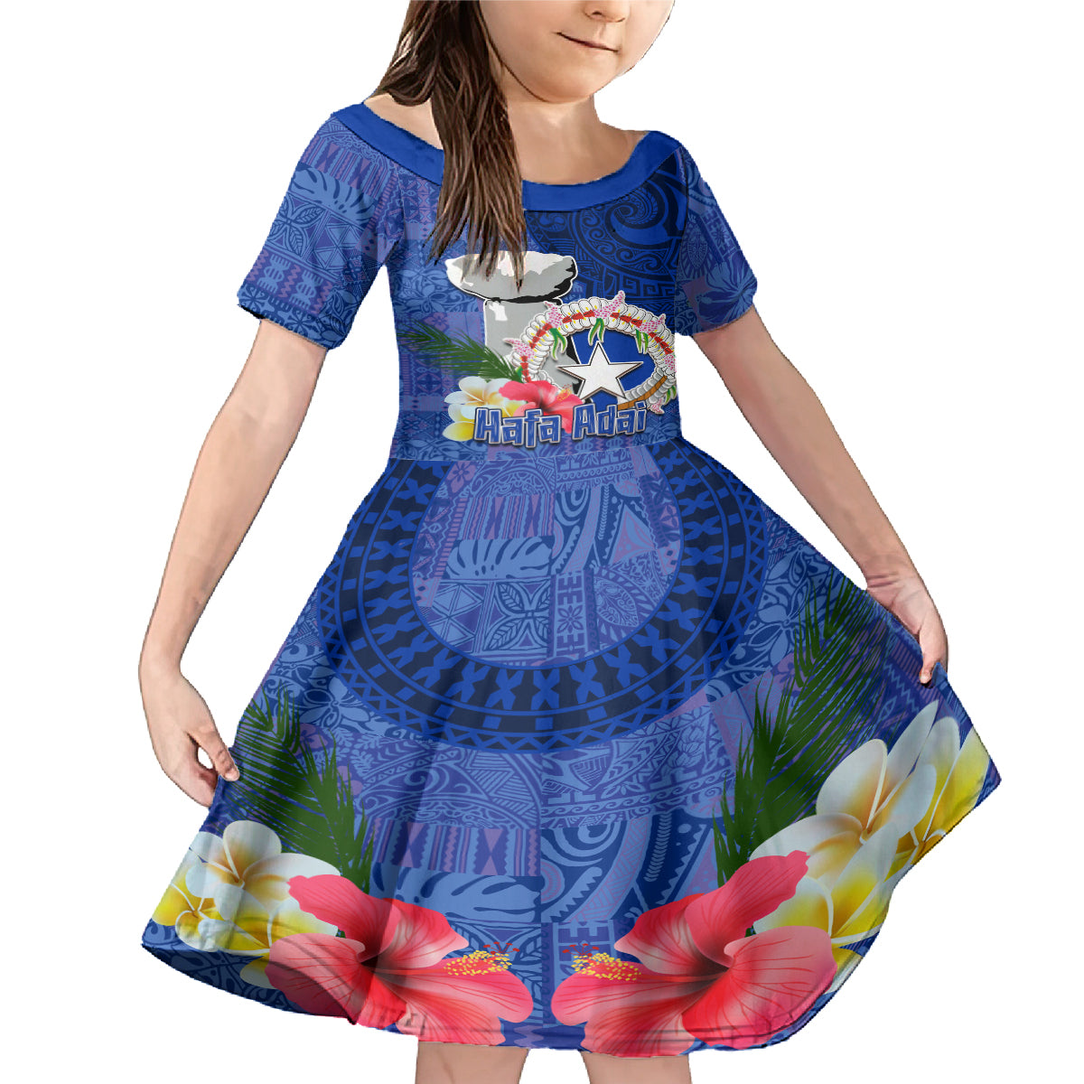 Northern Mariana Islands Hafa Adai Latte Stone Family Matching Mermaid Dress and Hawaiian Shirt Blue Color LT03 Daughter's Dress Blue - Polynesian Pride