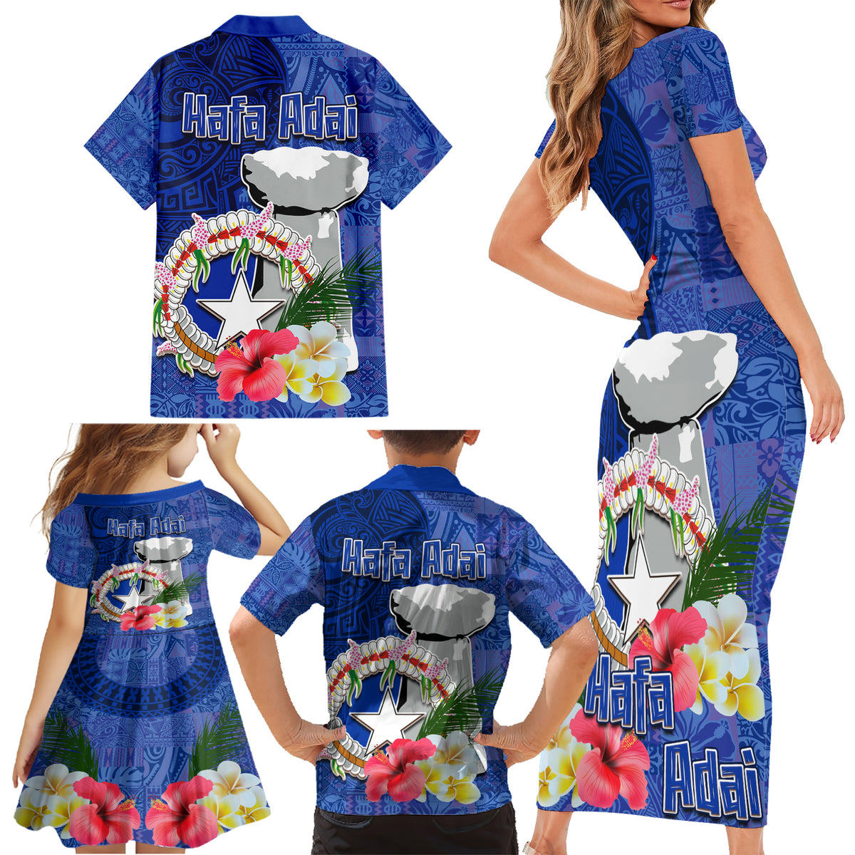 Northern Mariana Islands Hafa Adai Latte Stone Family Matching Short Sleeve Bodycon Dress and Hawaiian Shirt Blue Color LT03 - Polynesian Pride
