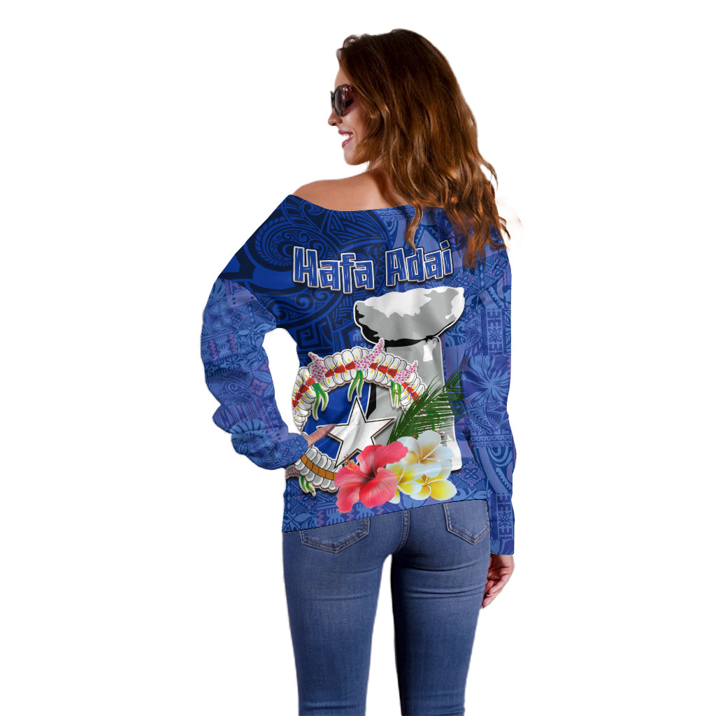Northern Mariana Islands Hafa Adai Latte Stone Off Shoulder Sweater Blue Color LT03 - Polynesian Pride
