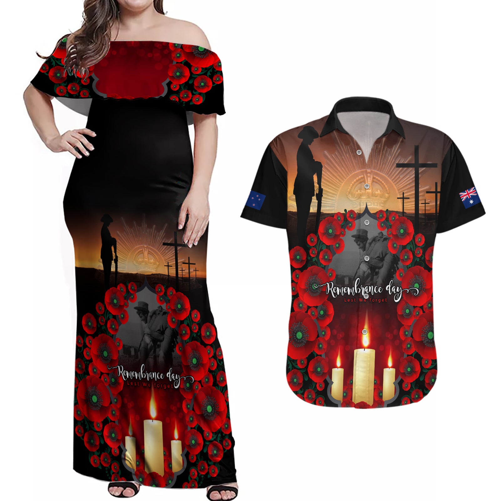 Custom New Zealand and Australia ANZAC Day Couples Matching Off Shoulder Maxi Dress and Hawaiian Shirt Gallipoli and Canlelight Lest We Forget LT03 Black - Polynesian Pride