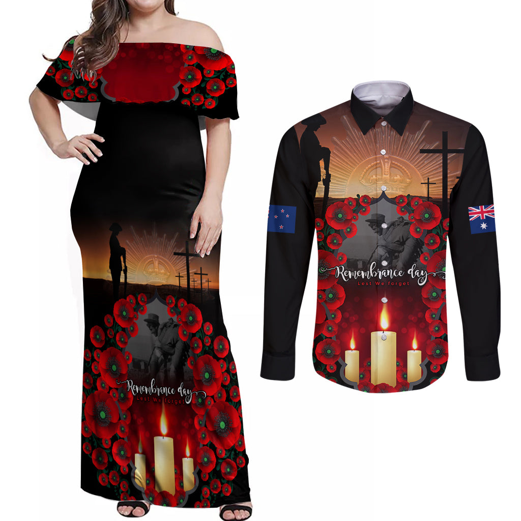 Custom New Zealand and Australia ANZAC Day Couples Matching Off Shoulder Maxi Dress and Long Sleeve Button Shirt Gallipoli and Canlelight Lest We Forget LT03 Black - Polynesian Pride