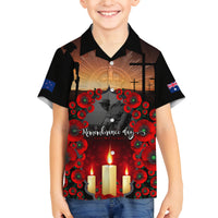 Custom New Zealand and Australia ANZAC Day Family Matching Off Shoulder Long Sleeve Dress and Hawaiian Shirt Gallipoli and Canlelight Lest We Forget LT03 Son's Shirt Black - Polynesian Pride
