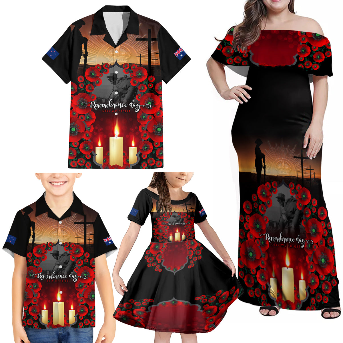 Custom New Zealand and Australia ANZAC Day Family Matching Off Shoulder Maxi Dress and Hawaiian Shirt Gallipoli and Canlelight Lest We Forget LT03 - Polynesian Pride