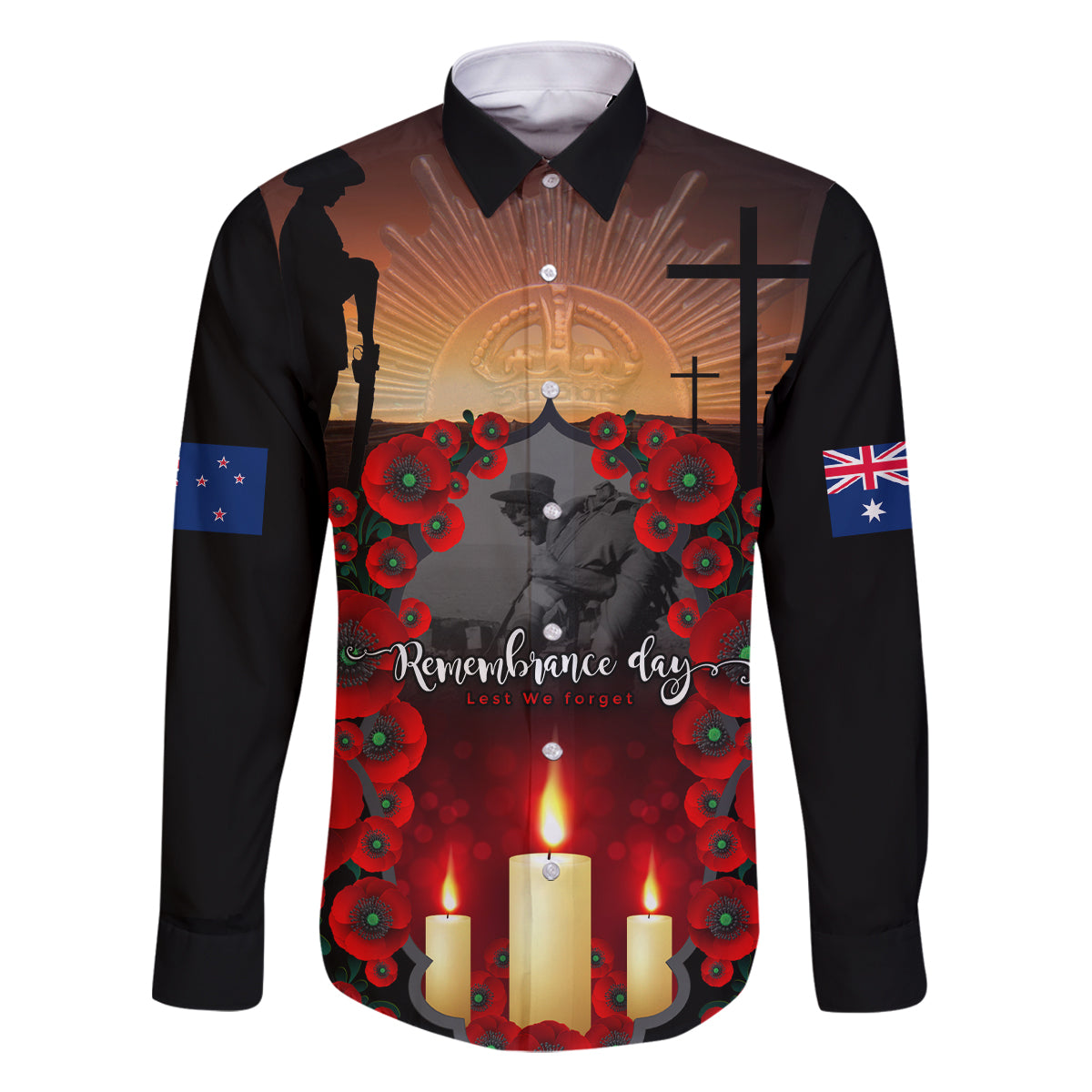 Custom New Zealand and Australia ANZAC Day Family Matching Off Shoulder Short Dress and Hawaiian Shirt Gallipoli and Canlelight Lest We Forget LT03 Dad's Shirt - Long Sleeve Black - Polynesian Pride