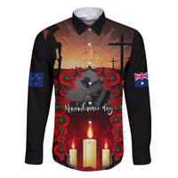 Custom New Zealand and Australia ANZAC Day Family Matching Off Shoulder Short Dress and Hawaiian Shirt Gallipoli and Canlelight Lest We Forget LT03 Dad's Shirt - Long Sleeve Black - Polynesian Pride