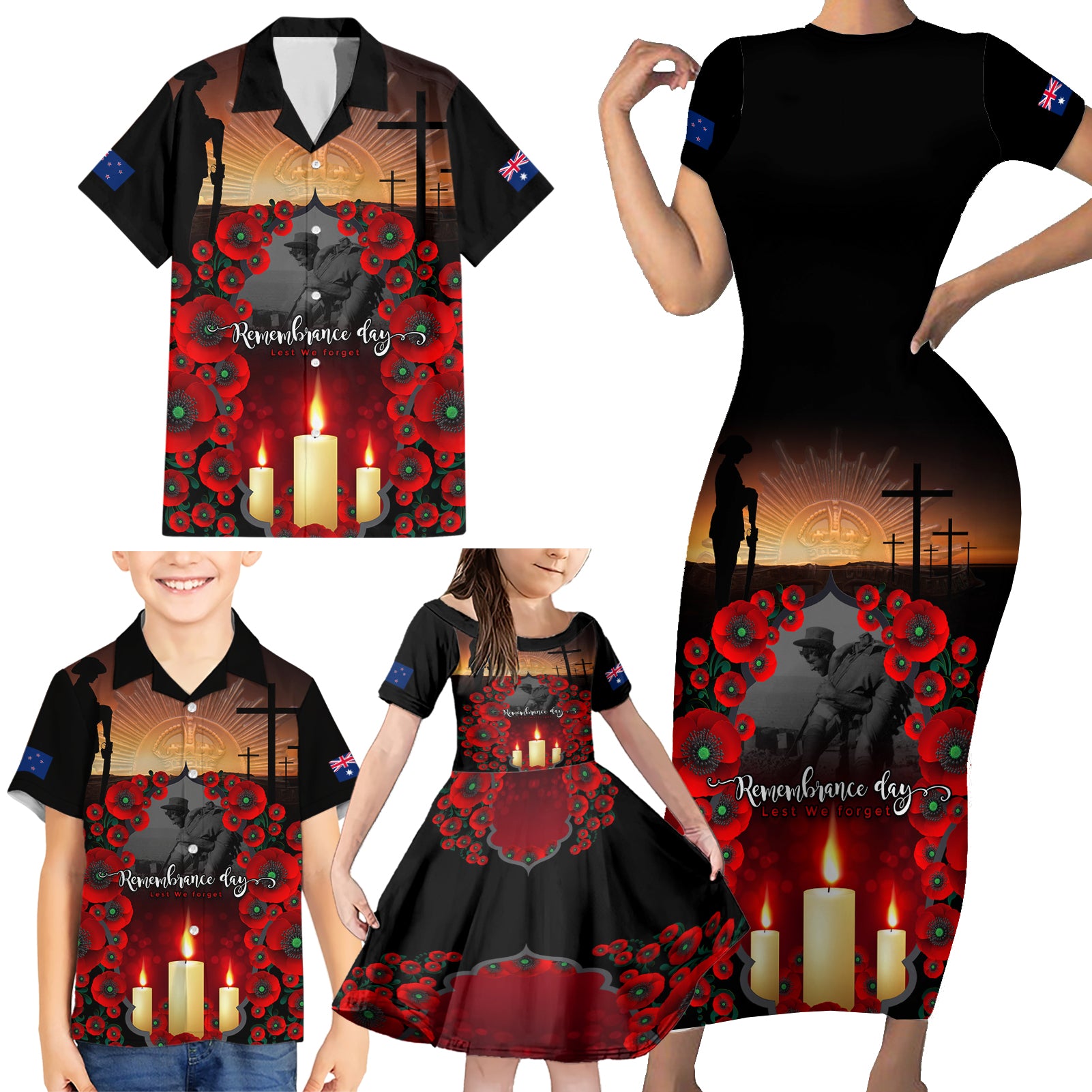 Custom New Zealand and Australia ANZAC Day Family Matching Short Sleeve Bodycon Dress and Hawaiian Shirt Gallipoli and Canlelight Lest We Forget LT03 - Polynesian Pride