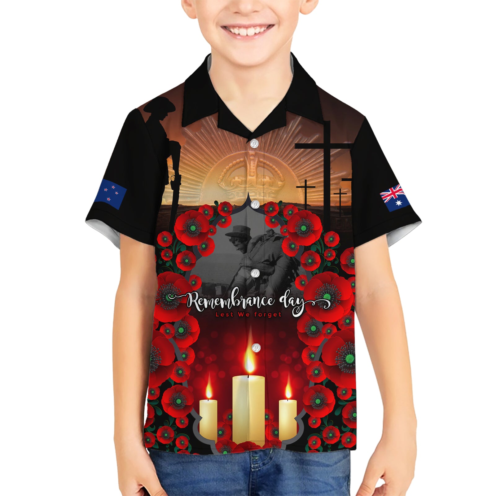 Custom New Zealand and Australia ANZAC Day Kid Hawaiian Shirt Gallipoli and Canlelight Lest We Forget LT03 Kid Black - Polynesian Pride