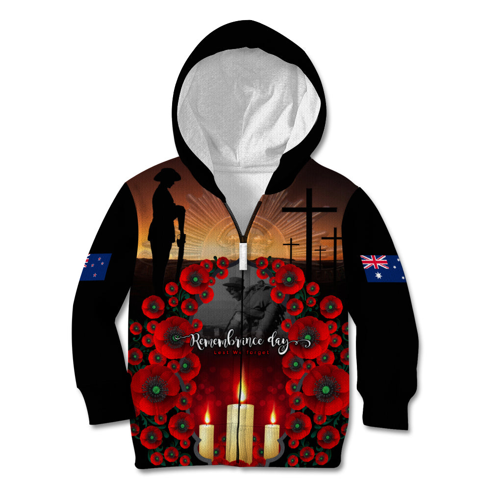 Custom New Zealand and Australia ANZAC Day Kid Hoodie Gallipoli and Canlelight Lest We Forget LT03 Zip Hoodie Black - Polynesian Pride