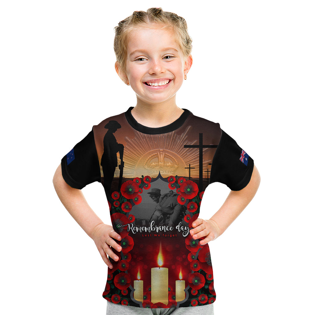 Custom New Zealand and Australia ANZAC Day Kid T Shirt Gallipoli and Canlelight Lest We Forget LT03 Black - Polynesian Pride