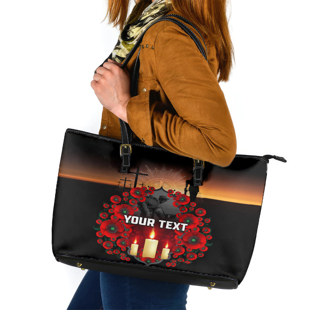 Custom New Zealand and Australia ANZAC Day Leather Tote Bag Gallipoli and Canlelight Lest We Forget LT03 Black - Polynesian Pride