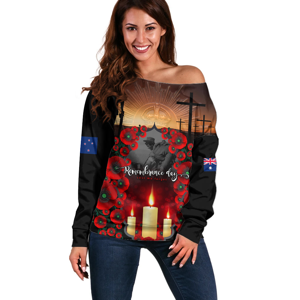 Custom New Zealand and Australia ANZAC Day Off Shoulder Sweater Gallipoli and Canlelight Lest We Forget LT03 Women Black - Polynesian Pride