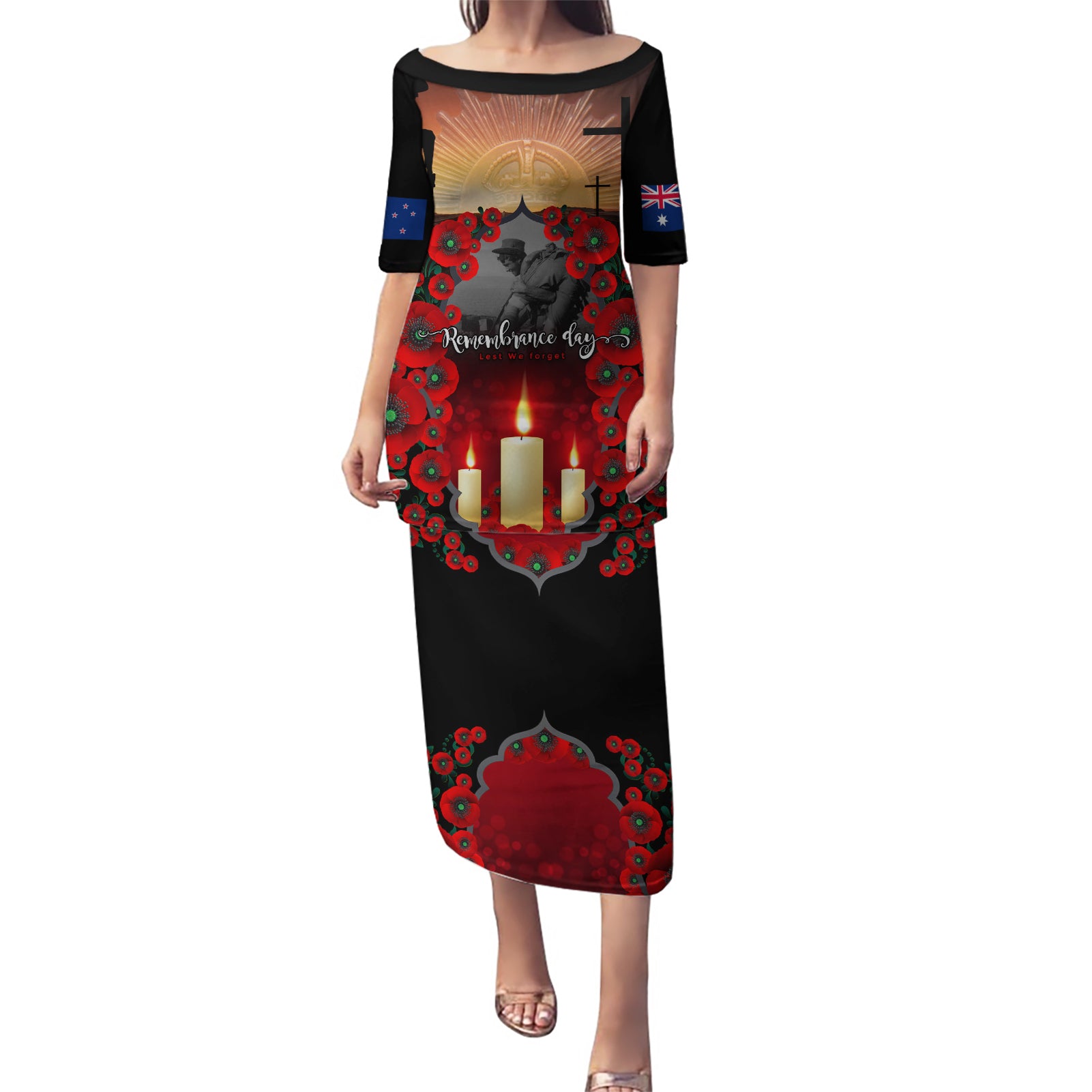 Custom New Zealand and Australia ANZAC Day Puletasi Gallipoli and Canlelight Lest We Forget LT03 Long Dress Black - Polynesian Pride