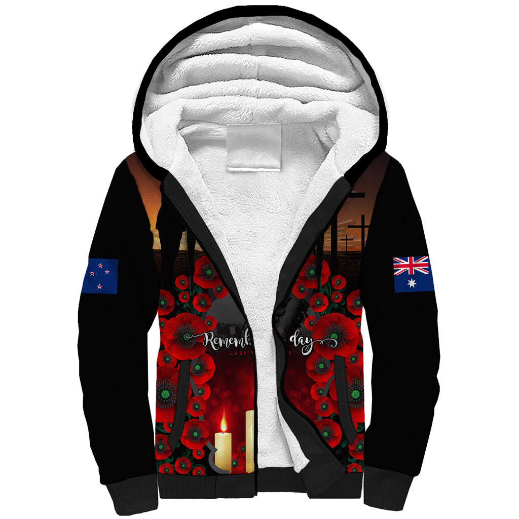 Custom New Zealand and Australia ANZAC Day Sherpa Hoodie Gallipoli and Canlelight Lest We Forget LT03 Unisex Black - Polynesian Pride