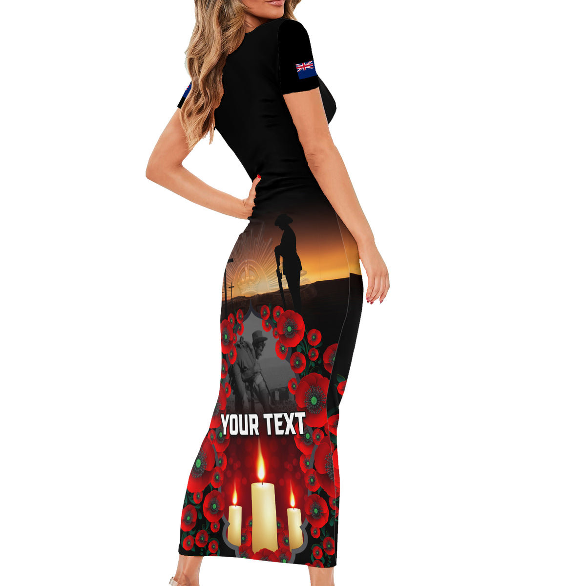 Custom New Zealand and Australia ANZAC Day Short Sleeve Bodycon Dress Gallipoli and Canlelight Lest We Forget LT03 - Polynesian Pride