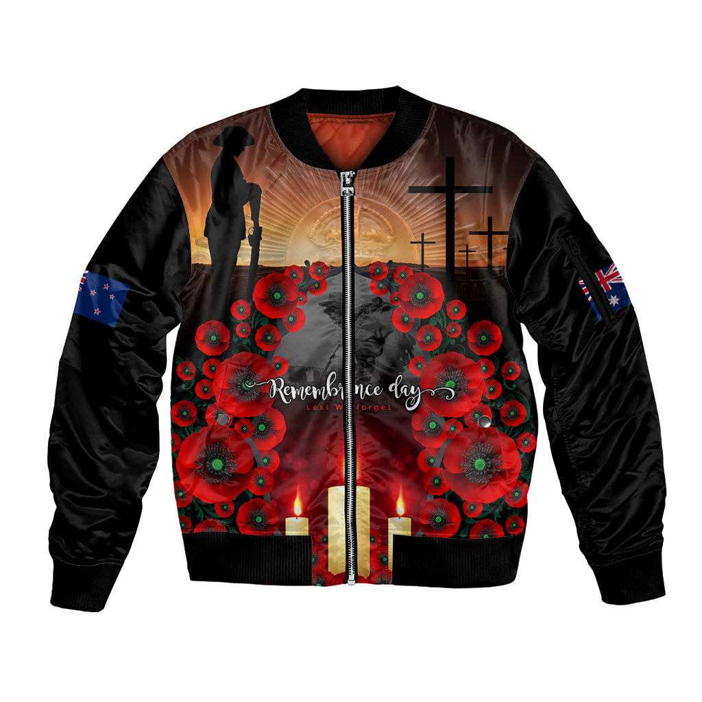 Custom New Zealand and Australia ANZAC Day Sleeve Zip Bomber Jacket Gallipoli and Canlelight Lest We Forget LT03 Unisex Black - Polynesian Pride