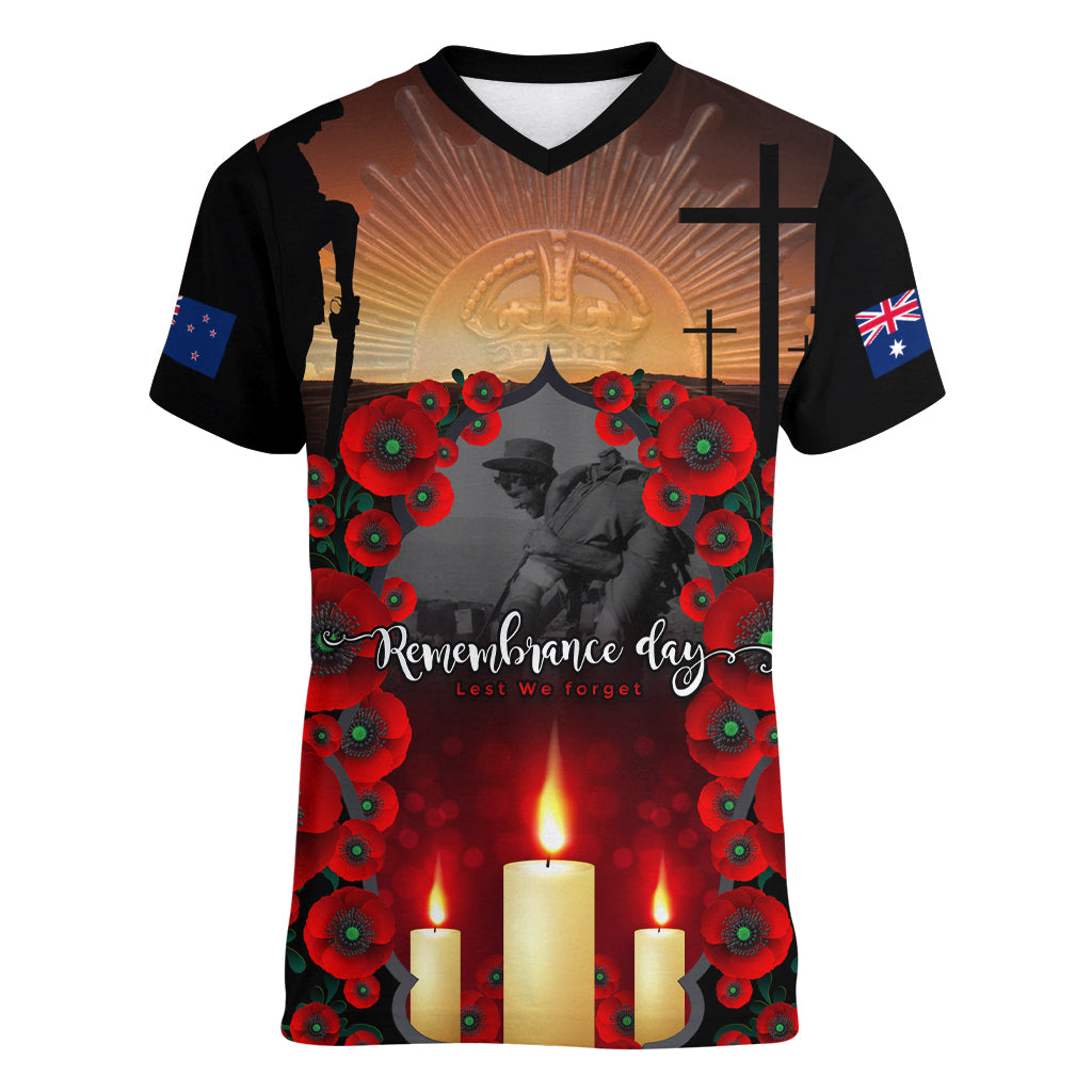 Custom New Zealand and Australia ANZAC Day Women V Neck T Shirt Gallipoli and Canlelight Lest We Forget LT03 Female Black - Polynesian Pride