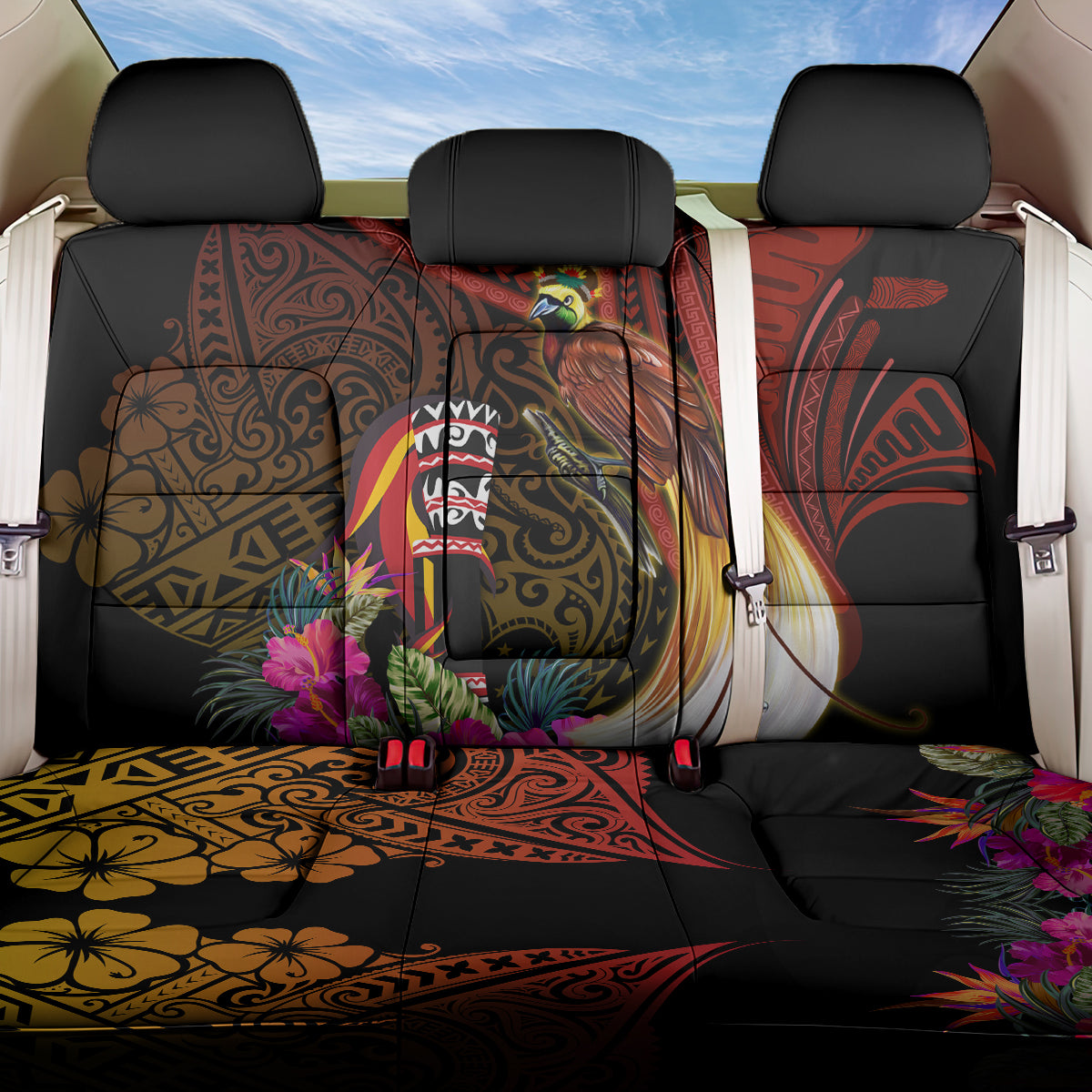 Papua New Guinea Bird-of-Paradise Back Car Seat Cover Hibiscus and Kundu Drum Tribal Pattern LT03