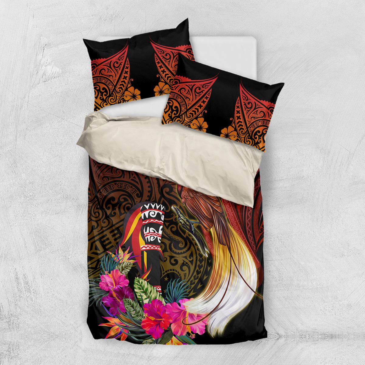 Papua New Guinea Bird-of-Paradise Bedding Set Hibiscus and Kundu Drum Tribal Pattern