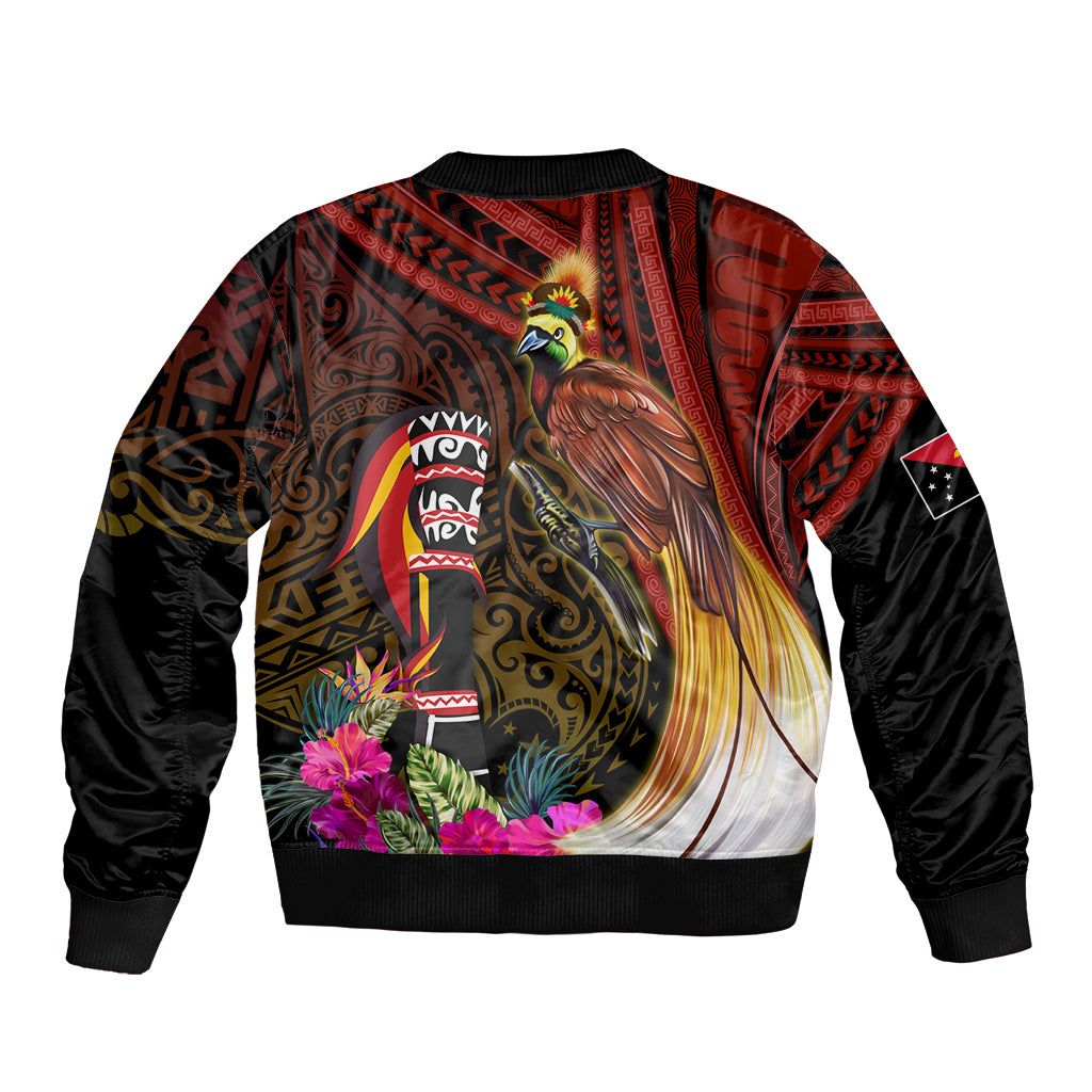 Papua New Guinea Bird-of-Paradise Bomber Jacket Hibiscus and Kundu Drum Tribal Pattern LT03 - Polynesian Pride
