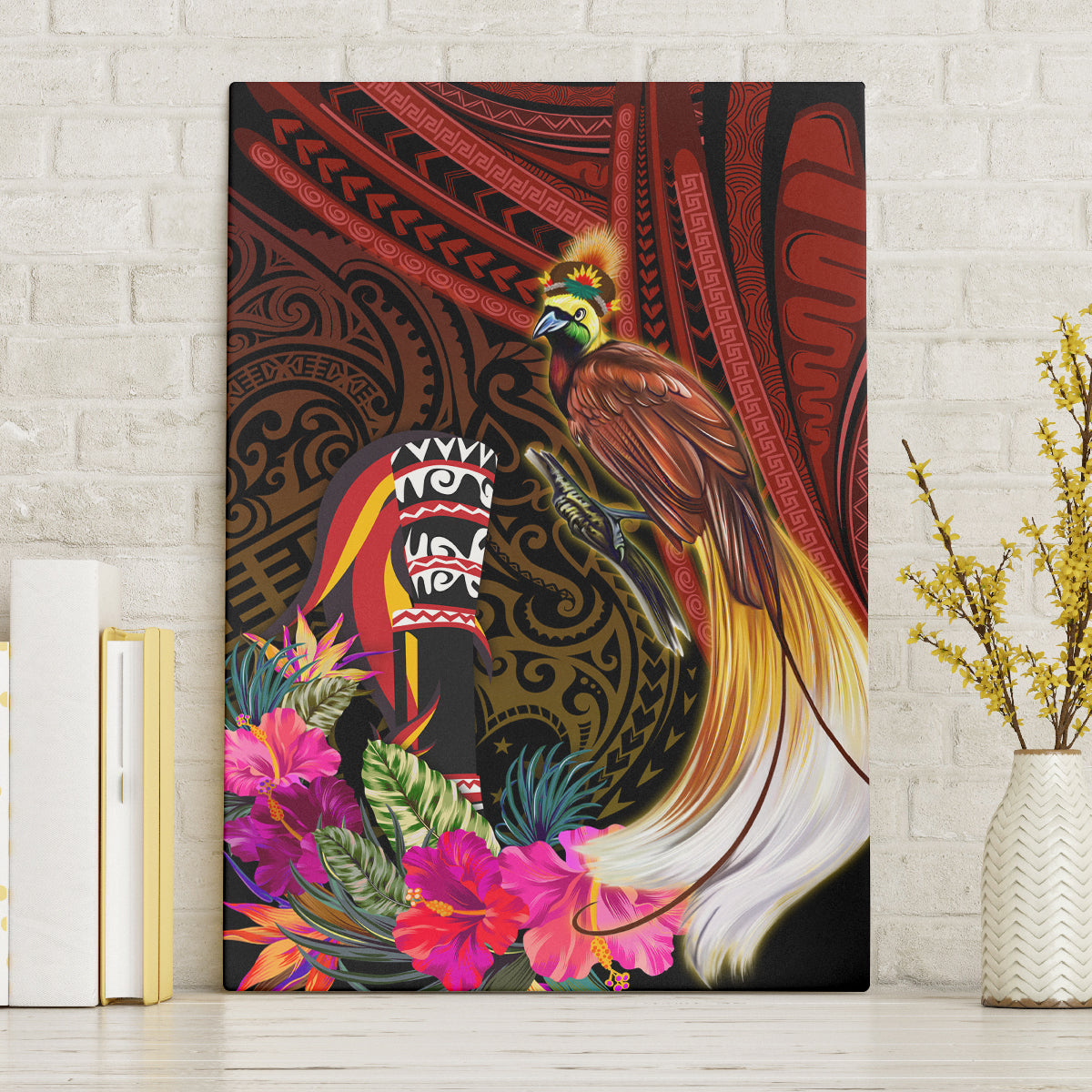 Papua New Guinea Bird-of-Paradise Canvas Wall Art Hibiscus and Kundu Drum Tribal Pattern